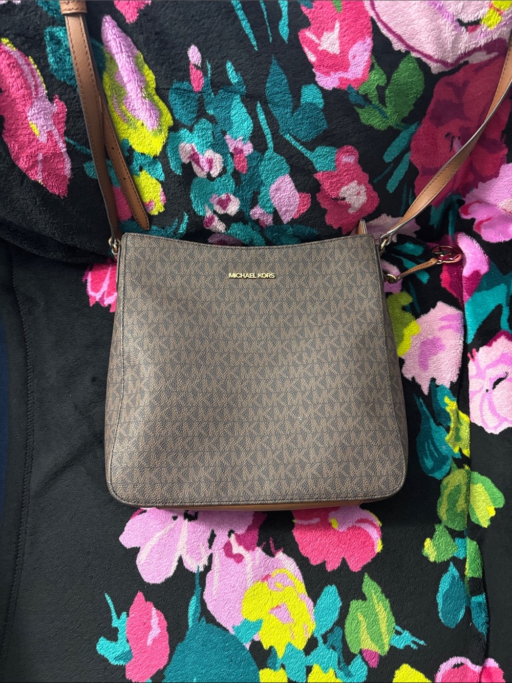 Michael Kors Brown MK Monogram Crossbody Bag with Tan Strap